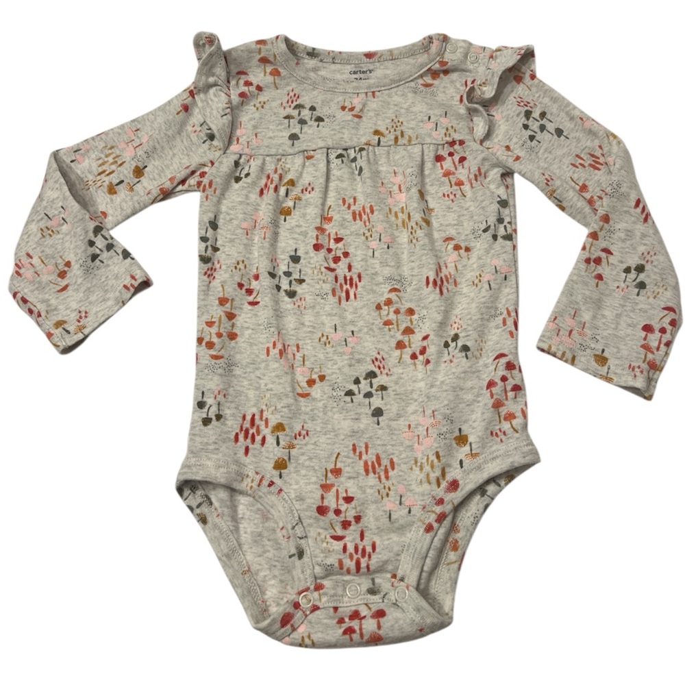 Carter’s Bodysuit 24M Long Sleeve Ruffle Fit Mushroom Print Naturecore